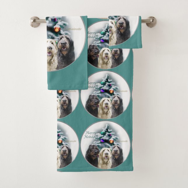Labradoodle Trio Christmas Bath Towel Set (Insitu)