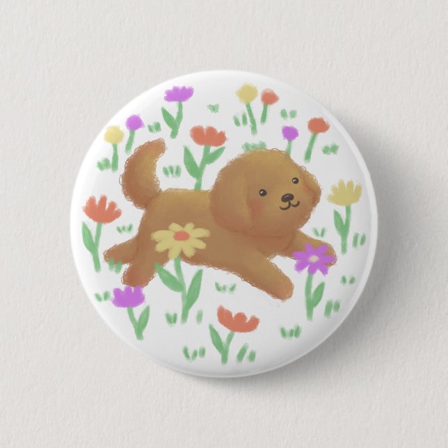 Labradoodle with Flowers Illustration 2 Inch Round Button (Front)