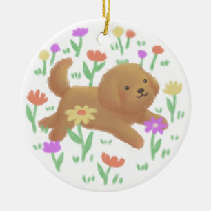 Labradoodle with Flowers Illustration Ceramic Ornament