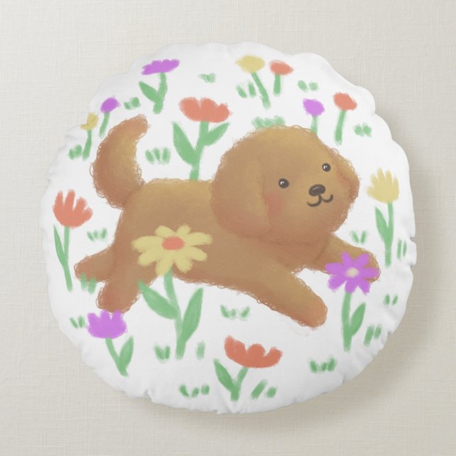 Labradoodle with Flowers Illustration Round Pillow (Front)