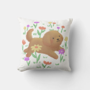 Labradoodle with Flowers Illustration Throw Pillow