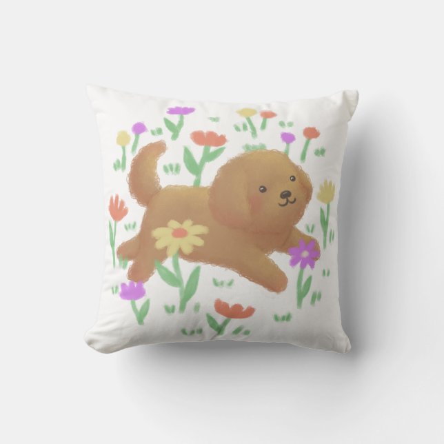 Labradoodle with Flowers Illustration Throw Pillow (Front)