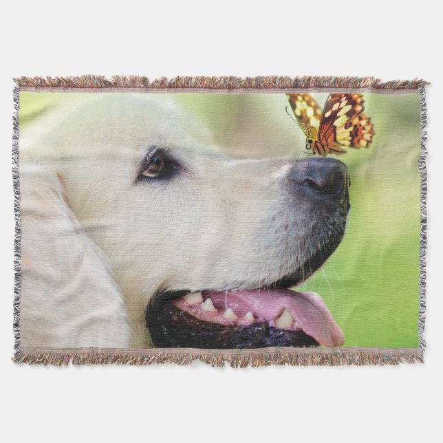 Labrador And Butterfly Throw Pillow Blanket (Front)
