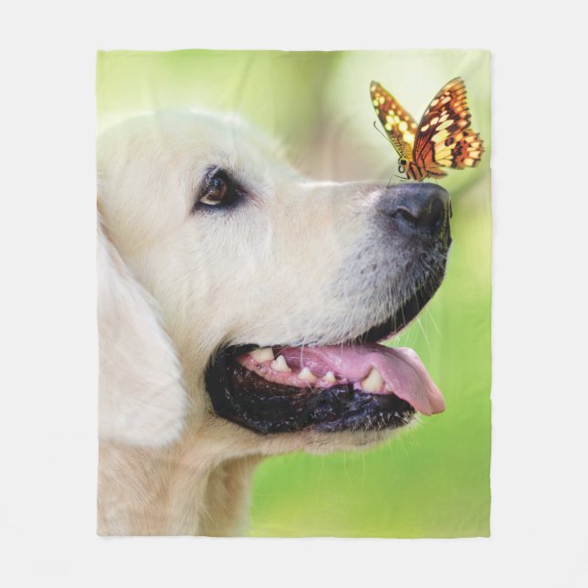 Labrador And Butterfly Throw Pillow Fleece Blanket (Front)
