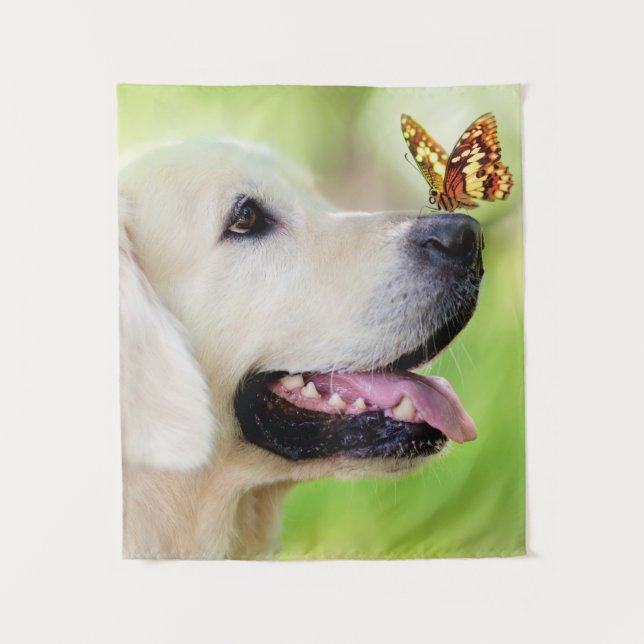 Labrador And Butterfly Throw Pillow Tapestry (Front)