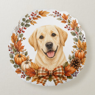 Labrador Autumn Wreath Round Pillow