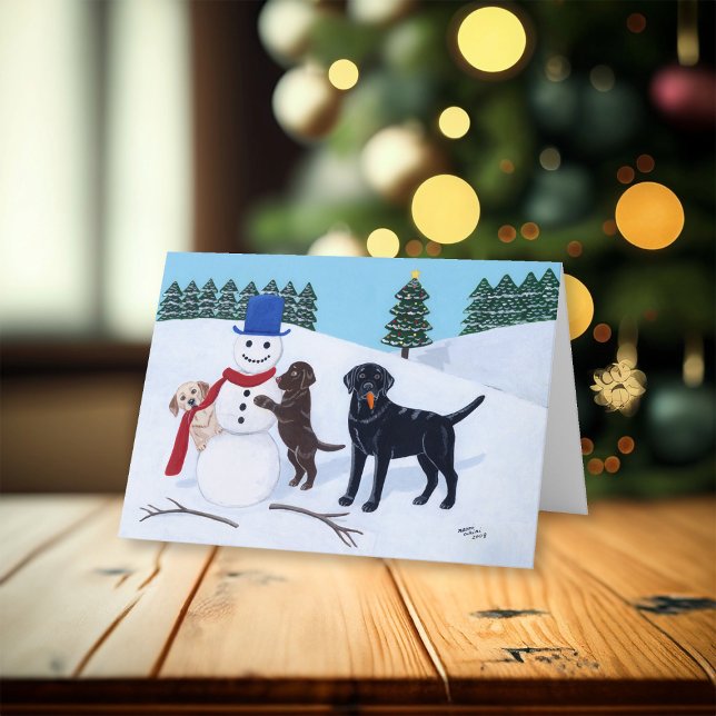 Labrador Christmas with Snowman Holiday Card (Labrador Christmas with Snowman Design Christmas Cards for Labrador Owners.  Delightful Labradors.)