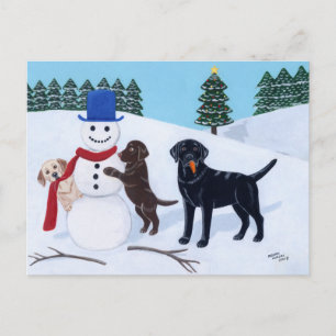 Labrador Christmas with Snowman Holiday Postcard
