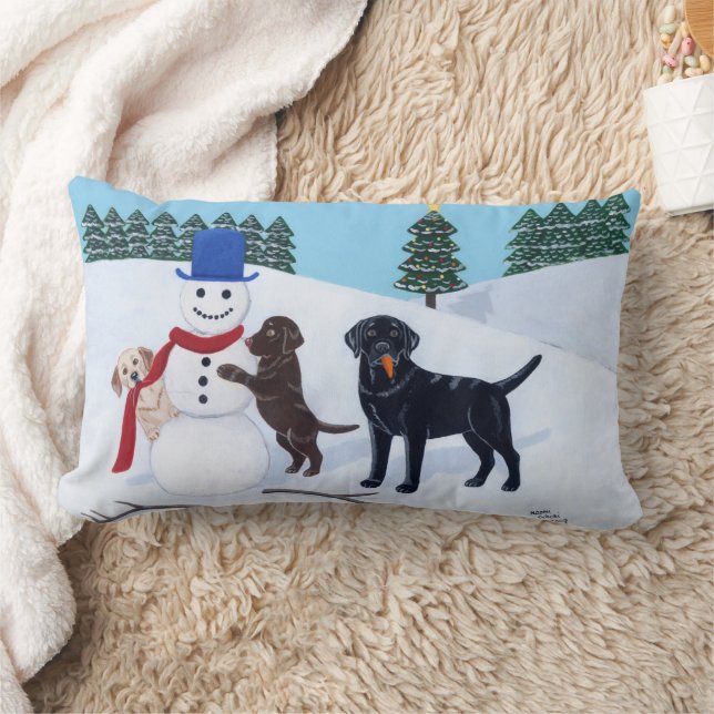 Labrador Christmas with Snowman Lumbar Pillow (Blanket)