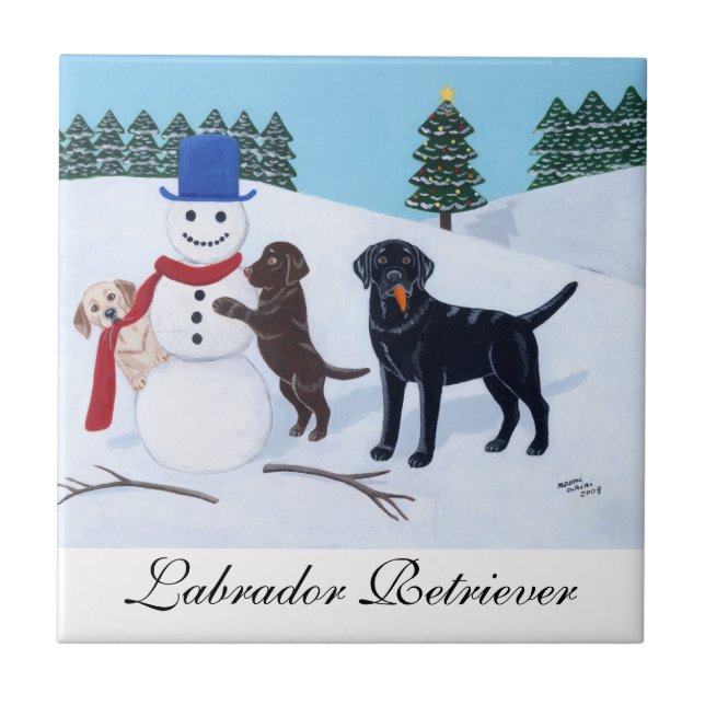 Labrador Christmas with Snowman Painting Tile (Front)