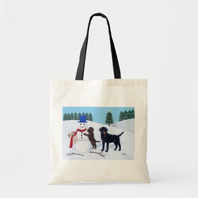 Labrador Christmas with Snowman Tote Bag (Front)