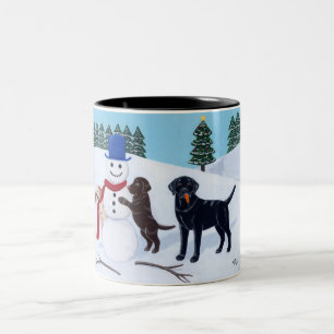 Labrador Christmas with Snowman Two-Tone Coffee Mug
