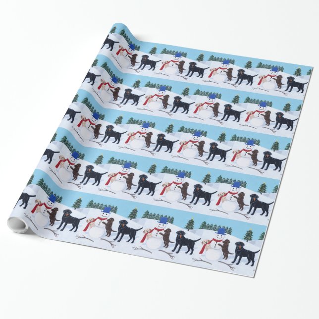 Labrador Christmas with Snowman Wrapping Paper (Unrolled)