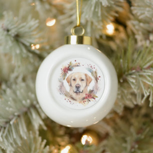 Labrador Christmas Wreath Festive Pup  Ceramic Ball Christmas Ornament