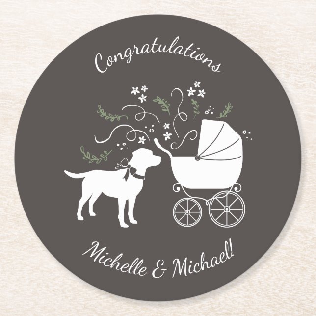 Labrador Dog Baby Shower Lab Grey Gender Neutral Round Paper Coaster (Front)
