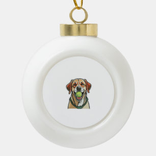 Labrador dog biting tennis ball in his mouth Class Ceramic Ball Christmas Ornament