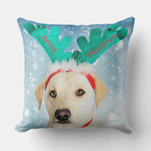 Labrador Dog Christmas Antlers Cute Throw Pillow