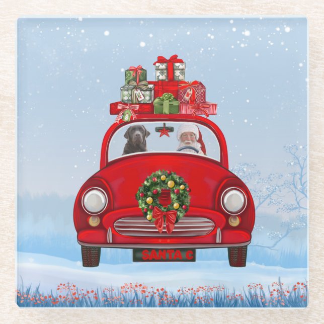 Labrador Dog In Car With Santa Claus Glass Coaster (Front)