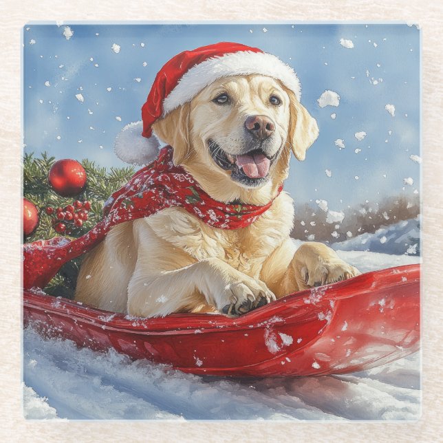 Labrador Dog in Sledge Let it Snow Christmas Glass Coaster (Front)
