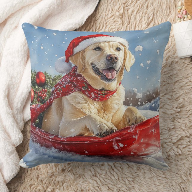 Labrador Dog in Sledge Let it Snow Christmas Throw Pillow (Blanket)