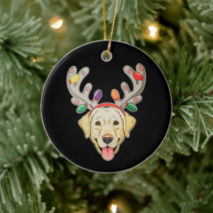 Labrador Dog Reindeer Antlers Christmas Lights Ceramic Ornament