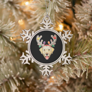 Labrador Dog Reindeer Antlers Christmas Lights Snowflake Pewter Christmas Ornament