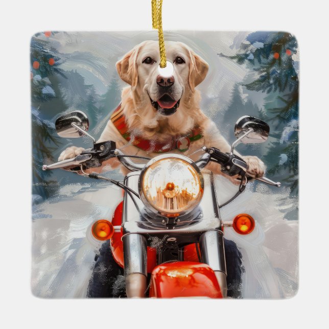 Labrador Dog Riding Motorcycle Christmas Ceramic Ornament (Front)