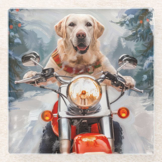 Labrador Dog Riding Motorcycle Christmas Glass Coaster (Front)