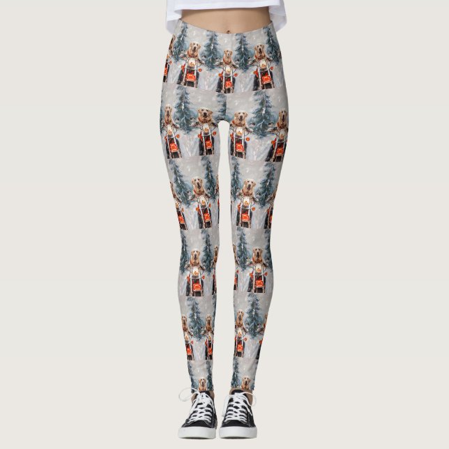 Labrador Dog Riding Motorcycle Christmas Leggings (Front)
