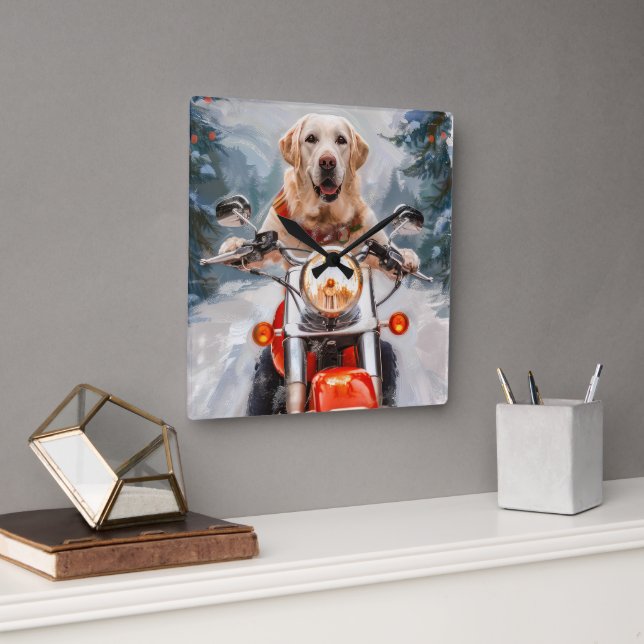 Labrador Dog Riding Motorcycle Christmas Square Wall Clock (Office)