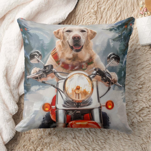Labrador Dog Riding Motorcycle Christmas Throw Pillow (Blanket)