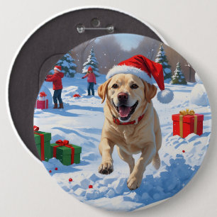Labrador Dog Running in Snow with Christmas Hat 6 Inch Round Button