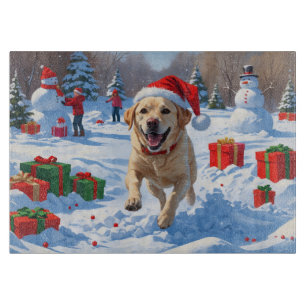 Labrador Dog Running in Snow with Christmas Hat Cutting Board