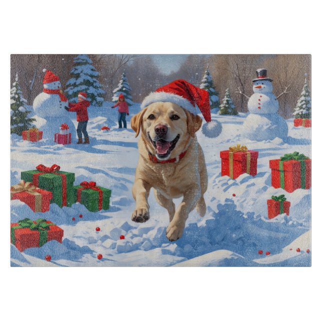 Labrador Dog Running in Snow with Christmas Hat Cutting Board (Front)