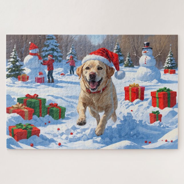 Labrador Dog Running in Snow with Christmas Hat Jigsaw Puzzle (Horizontal)