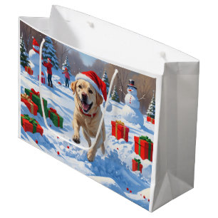 Labrador Dog Running in Snow with Christmas Hat Large Gift Bag