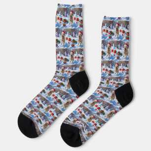 Labrador Dog Running in Snow with Christmas Hat Socks