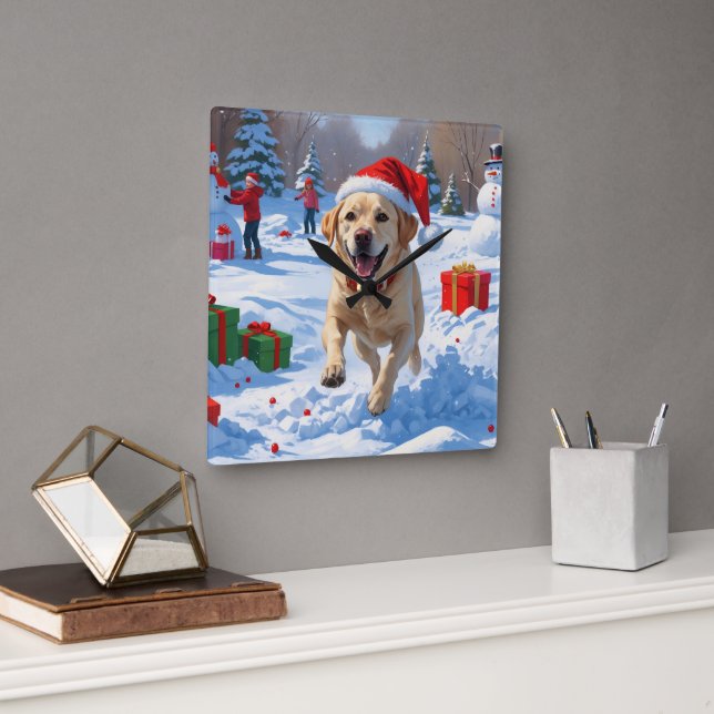 Labrador Dog Running in Snow with Christmas Hat Square Wall Clock (Office)