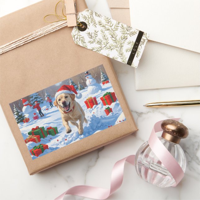 Labrador Dog Running in Snow with Christmas Hat Sticker (Gifting)