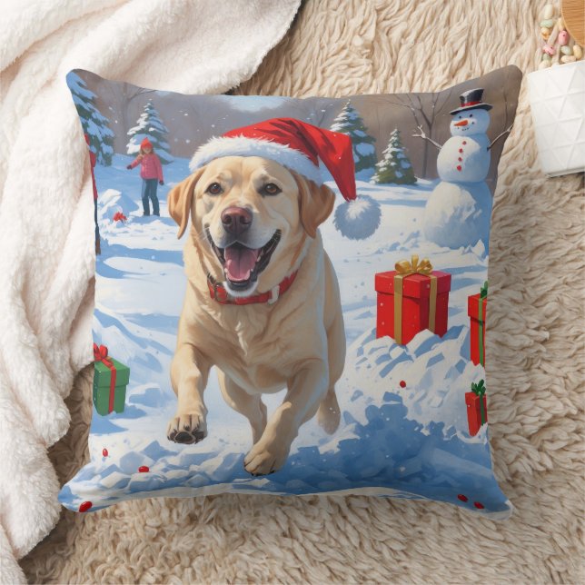 Labrador Dog Running in Snow with Christmas Hat Throw Pillow (Blanket)