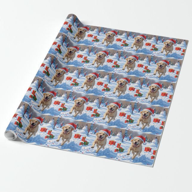 Labrador Dog Running in Snow with Christmas Hat Wrapping Paper (Unrolled)