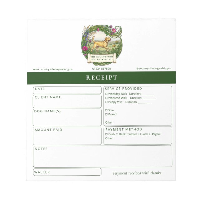 Labrador Dog Walker Custom Receipt Pad Book (Front)