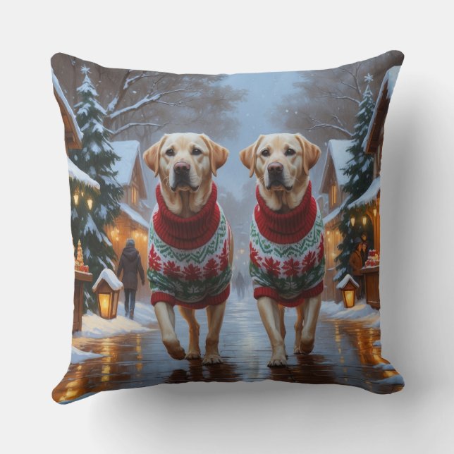 Labrador Dogs Christmas Snow Holiday Throw Pillow (Back)