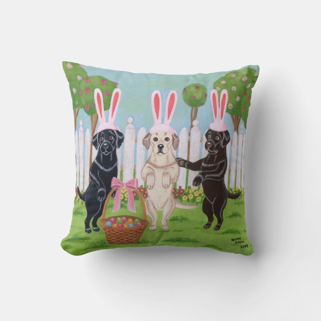 Labrador Easter Bunnies Throw Pillow (Front)