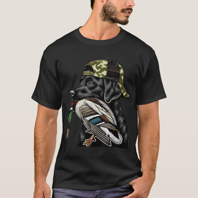 Labrador Hunting Dog With Duck Hello Hunting T-Shirt (Front)