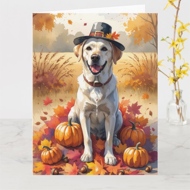 Labrador In Autumn Leaves Thanksgiving Art Card (Yellow Flower)