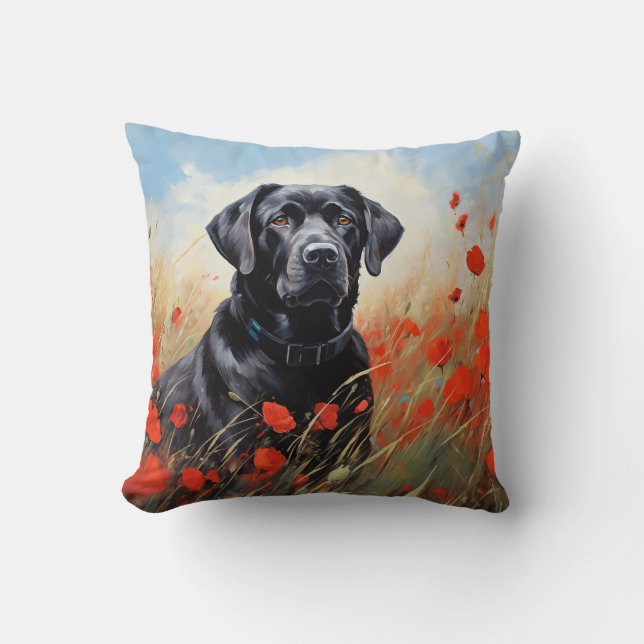 Labrador in poppies throw pillow (Front)