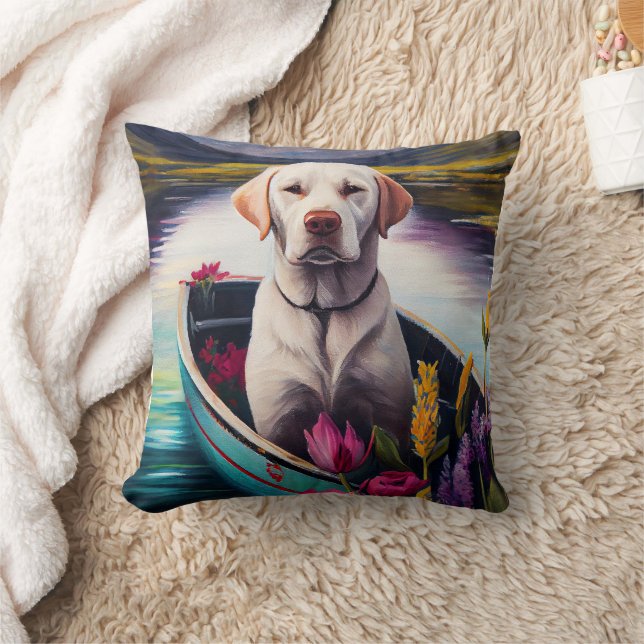 Labrador on a Paddle: A Scenic Adventure Throw Pillow (Blanket)