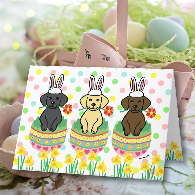 Labrador Puppies Easter Eggs Daffodils Holiday Card (Labrador Puppies Easter Eggs card featuring Lab Puppies celebrating Easter.  Cute Cartoon Design.  )