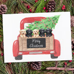 Labrador Puppies Personalized Red Christmas Truck  Card<br><div class="desc">Send christmas greetings this holiday season with this black and yellow labrador retriever puppies in a watercolor design. This black labrador holiday card features five labrador pups in a watercolor red christmas truck with holiday tree. Personalize with greeting front adn message back.. This black labrador christmas card will be a...</div>